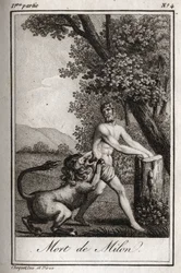 Dood van Milon de Crotone (Milo van Croton) verslonden door een wolf. Gravure uit 1819 in "Lettres à Emilie sur la mythologie" door Charles Albert Demoustier (1760-1801). Privécollectie.