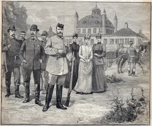 Vertrokken voor de jacht Tsaar Nicolaas II van Rusland (1868-1918) in Fredensborg, Denemarken. Gravure in Le Petit Parisien 1893