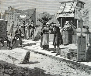 Hondentrimmers op de Pont Neuf in Parijs rond 1796, Gravure, Privécollectie