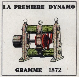 Dynamo: de eerste dynamo uitgevonden door Zenobe Theophile Gram (1826-1901) in 1872. Anonieme illustratie uit 1925. Privécollectie.
