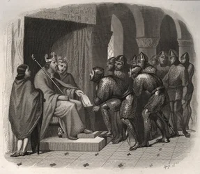 Eduard de Belijder (een van de laatste Angelsaksische koningen van Engeland) - Sint Eduard de Belijder (1004-1066) geeft nieuwe wetten aan zijn volk. Gravure uit 1846 in Lives of the Saints. Privécollectie