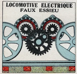 Elektrische spoorwegen: valse as van een elektrische locomotief. Anonieme illustratie uit 1925. Privécollectie.