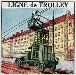 Elektrische trams: een trolleylijn. Anonieme illustratie uit 1925. Privécollectie.