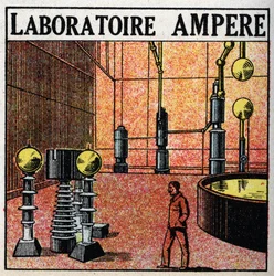 Elektrische leidingen: Ampère laboratorium. Anonieme illustratie uit 1925. Privécollectie.