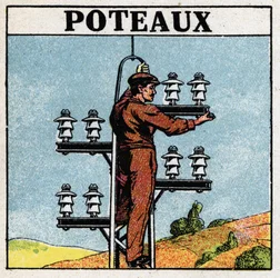 Elektrische leidingen: elektriciteitspalen. Anonieme illustratie uit 1925. Privécollectie.