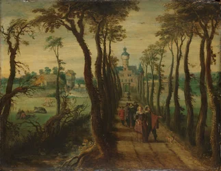 Elegant gezelschap op een weg die leidt naar een landhuis