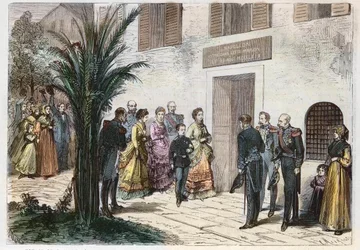 Keizerin Eugenia en prins Louis Napoleon bezoeken het huis waar Napoleon I werd geboren, in Ajaccio, Corsica, Frankrijk 1869 - reis van de keizerin en de keizerlijke prins - bezoek aan het huis van Napoleon I in Ajaccio - 1869