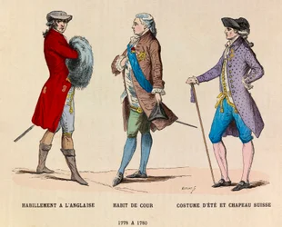 Engelse kleding, een hofsuit en een Zwitserse hoed van 1778 tot 1780
