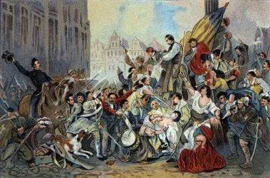 Episode van de Revolutie van 1830 voor het stadhuis van Brussel. Reclamechromolithografie van Antoine chocolade in Brussel, begin 20e eeuw. Privécollectie.