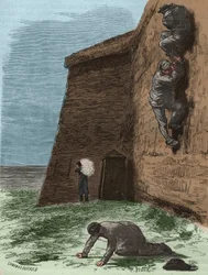 Ontsnapping uit de Rochefort Bagne in de 19e eeuw. Gravure in Histoire des bagnes depuis leur création à nos jours (1877) door Pierre Zaccone. Privécollectie.
