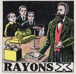 Ether (materiaal): Röntgenstralen ontdekt door de Duitse natuurkundige Wilhelm Conrad Röntgen (1845-1923). Anonieme illustratie uit 1925. Privécollectie.