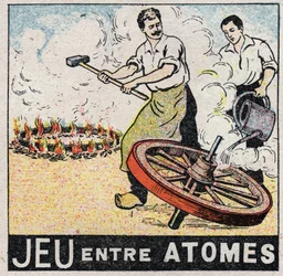 Ether (materiaal): spel tussen atomen. Wagenmakers maken een wiel. Anonieme illustratie uit 1925. Privécollectie.