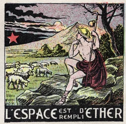 Ether (materiaal): de ruimte is gevuld met ether. Een herder uit de oudheid die naar de lucht kijkt. Anonieme illustratie uit 1925. Privécollectie.