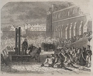 Executie in de Brest Bagne door Joseph Bordelet. Gravure in Histoire des bagnes depuis leur création à nos jours (1877) door Pierre Zaccone. Privécollectie.