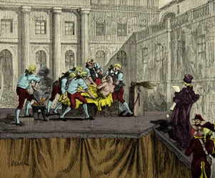 Beul Samson brandmerkt Jeanne de Valois Saint Remy (Valois-Saint-Remy), bekend als Comtesse de la Motte (1756-1791), na haar veroordeling in de affaire van het halssnoer van de koningin in 1786, gravure, privécollectie