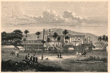 Buitenaanzicht van de kathedraal van Port of Spain (Port of Spain) in Trinidad (Trinidad en Tobago, Trinidad en Tobago). Gravure in “Les Missions Catholiques au XIXème Siècle” door Louis-Eugène Louvet. Privécollectie
