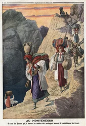 Eerste Balkanoorlog: Montenegrijnse vrouwen trekken te voet door de bergen om de wapenaanvoer veilig te stellen. Illustratie uit ‘Le Petit Journal’ van 17/11/1912. Privécollectie.