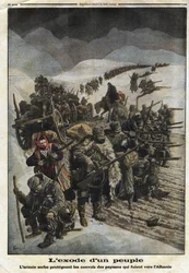 Eerste Wereldoorlog 1914-1918: "De Exodus van een Volk". Het Servische leger beschermt de konvooien van boeren die uit Servië naar Albanië vluchten. Gravure in "Le Petit Journal", op 26/12/1915. Privécollectie.