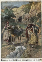 Eerste Wereldoorlog 1914-1918 (14-18): vrouwen uit Montenegro vervoeren in de oorlog gewonde mannen op de rug van muildieren of op hun eigen schouders. Gravure in „Le Petit Journal”, op 5/12/1915. Privécollectie.