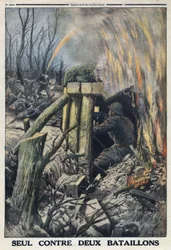 Eerste Wereldoorlog 1914-1918. Een Franse officier vecht alleen tegen twee bataljons van het Duitse leger in het Bois de Caures. In 