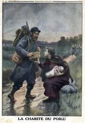 Eerste Wereldoorlog 1914-1918 (Oorlog 14-18). De liefdadigheid van de harige: een Franse soldaat stopt op een pad om brood aan te bieden aan een vrouw alleen met haar baby. In 