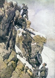 Eerste Wereldoorlog: Italiaanse alpiene jagers die materiaal dragen op een top van de Italiaanse Alpen