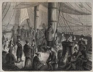 Eerste konvooi van krachten van Toulon naar Cayenne (Guyana) onder het decreet van 8 december 1851. Gravure in Histoire des bagnes depuis leur création à nos jours (1877) door Pierre Zaccone. Privécollectie.