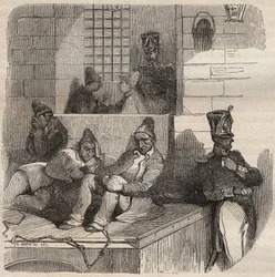 Forcat rustend in de bagne van Rochefort in de 19e eeuw. Gravure in “Histoire des bagnes depuis leur création à nos jours” (1877)