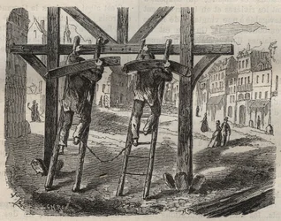 Forcats timmerlieden bij de Toulon Bagne in de 19e eeuw. Gravure in 
