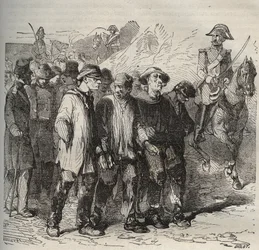 Gevangenen in mars bij de bagne van Rochefort in de 19e eeuw. Gravure in 