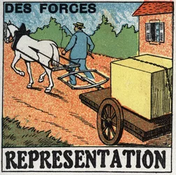 Krachten: een paard trekt een wagen. Anonieme illustratie uit 1925. Privécollectie.