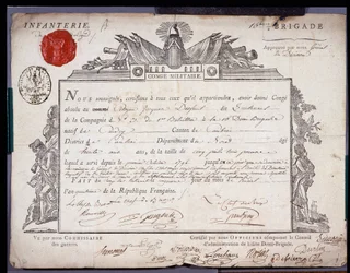 Franse Revolutie: officieel document van militaire verlof gedateerd 5 Prairial jaar IV (24/05/1796) van een luitenant van de brigade van het district Cambrai. Departementale Archieven van Nord Lille