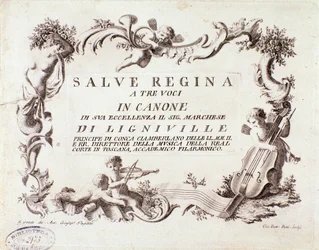 Frontispice van een muziekpartituur van Salve regina hymne voor drie stemmen door markies van Ligneville (1768)