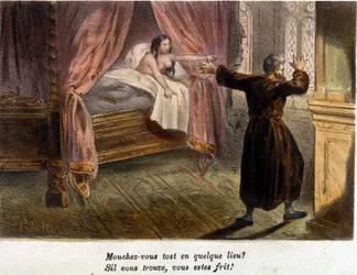 Galante scène: Een monnik, in gezelschap van een naakte vrouw in bed, wordt verrast door de komst van een persoon en probeert zich te verbergen. Kleurenprent uit de 19e eeuw.