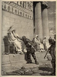 De Gallische leider Brennus (Brennos) keert in 390 v.Chr. terug naar de Romeinse hoofdstad - De Galliërs in Rome - Plundering van Rome - gravure 1890