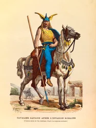 Gallische ruiter na de Romeinse invasie (eerste eeuwen van de christelijke jaartelling), gravure - privécollectie