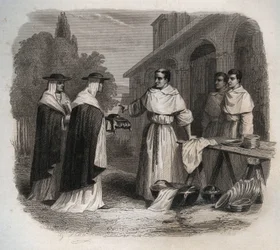 Giovanni da Fidanza bekend als Bonaventura (ca. 1217-1274) ontving de kardinaalshoed. Gravure uit 1846 in Lives of the Saints. Privécollectie