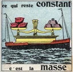Zwaartekracht: massa blijft constant. Een enorme weegschaal met gewichten die koffiezakken in evenwicht houden, alles ligt op een boot. Anonieme illustratie uit 1925. Privécollectie.