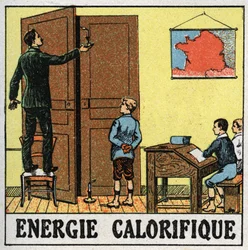 Warmte-energie: een leraar in een klaslokaal houdt een kaars bij een open deur. Anonieme illustratie uit 1925. Privécollectie.