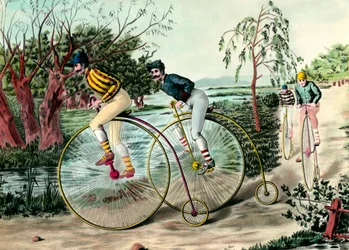 Geschiedenis van de fiets: race van grand bi (grand bi). Gravure uit de 20e eeuw. Privécollectie