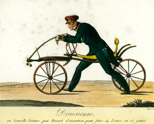 Geschiedenis van de fiets: de draisine, een zeer populaire nieuwe wagen rond 1818. Gravure uit 1818. Privécollectie