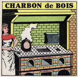 Verwarming thuis: houtskoolgebruik in een kachel. Anonieme illustratie uit 1925. Privécollectie.