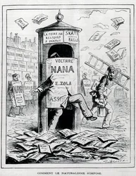 Hoe naturalisme wordt opgelegd: satirische tekening over de naturalistische roman over het boek "Nana" van Emile Zola. Gravure uit de 19e eeuw. Privécollectie.