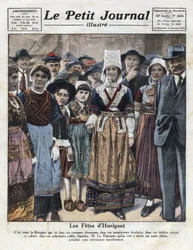 Feesten in Huelgoat in traditionele Bretonse klederdracht ter gelegenheid van een initiatief ter bevordering van het herstel van regionale gebruiken. Illustratie uit 