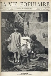 In een atelier poseert een jong model in een hemd en sok met een kleine verenhoed voor een schilder, die aan zijn ezel zit, zijn palet en penselen vasthoudt en zich toelegt op zijn schets. Illustratie door Alfons Maria Mucha (Alphonse Marie Mucha)