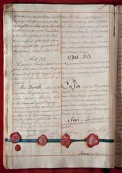 Onafhankelijkheid van de Verenigde Staten: vriendschaps- en handelsverdrag tussen Frankrijk en de Verenigde Staten (vertegenwoordigd door Benjamin Franklin) uit februari 1778 in beide talen. 1778 Parijs, Ministerie van Buitenlandse Zaken