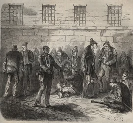Invalide krachten in de Toulon Bagne in de 19e eeuw. Gravure in Histoire des bagnes depuis leur création à nos jours (1877) door Pierre Zaccone. Privécollectie.