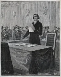 Jean Baptiste Andre Dumas (1800-1884) Franse chemicus presenteerde aan de Academie van Wetenschappen zijn rapport over de uitvinding van Ruolz en Elkington. Gravure uit 1885 in 