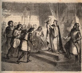 Johanna van Vlaanderen (1295-1374), vrouw van Jean de Montfort, hertog van Bretagne (1293-1345) presenteert haar zoon, Jan IV van Bretagne, graaf van Montfort (bekend als de dappere of de veroveraar)