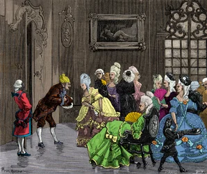 Joseph (Giuseppe) Balsamo (1743-1795), alias Alessandro Graaf van Cagliostro ontvangen door de adel in Versailles rond 1750, Gravure, Privécollectie